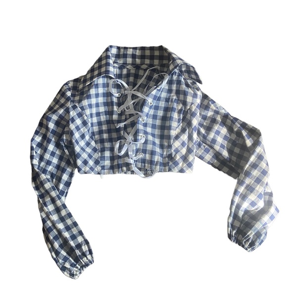 Blue Plaid Laced up Cropped Top - Picture 1 of 1